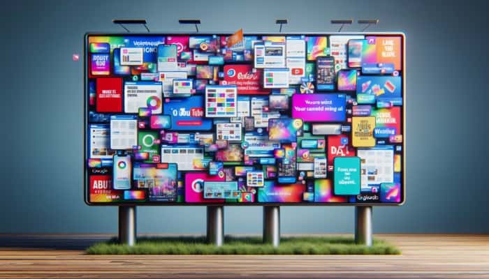 Digital billboard displaying various online ads in vibrant colors with dynamic transitions.