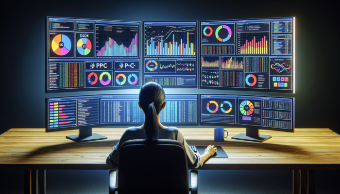 Digital marketer analyzing PPC and SEO data on dual screens with graphs and keywords.