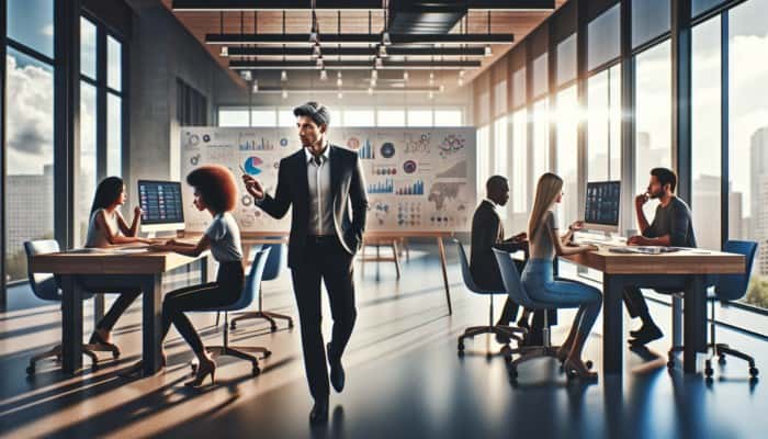 Jonathan Mildenhall guiding a diverse team in crafting personalized, data-driven marketing strategies in a modern office.