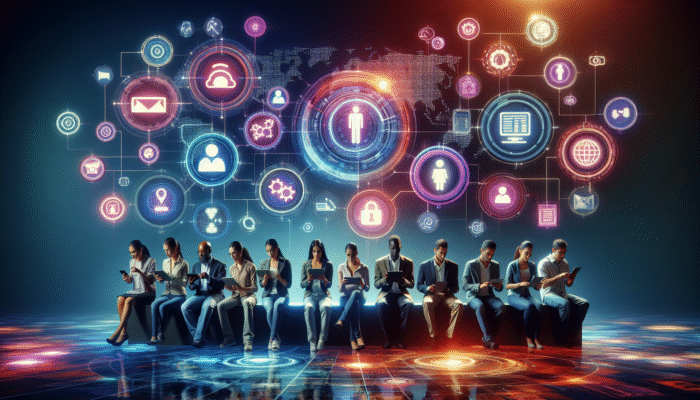 Diverse group using digital devices with personalized holograms, vibrant digital landscape background.