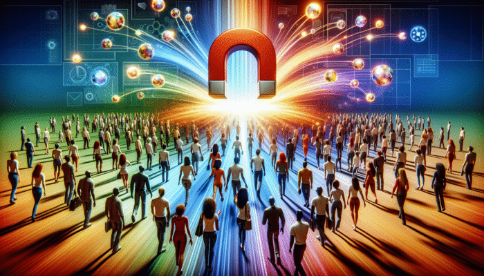 Inbound Digital Marketing: A magnet attracting people to a screen with engaging content, symbolizing inbound marketing.