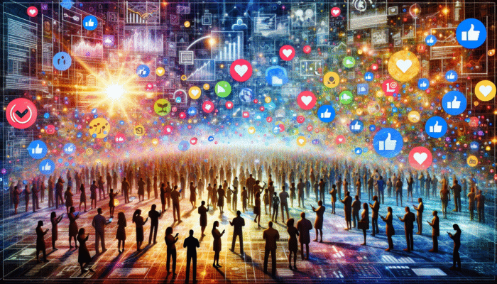 A vibrant digital landscape with people engaging with social media icons, likes, and comments.