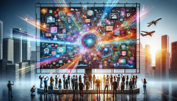 A vibrant digital billboard showing ads on social media, websites, and mobile apps, with people engaging in a modern cityscape.