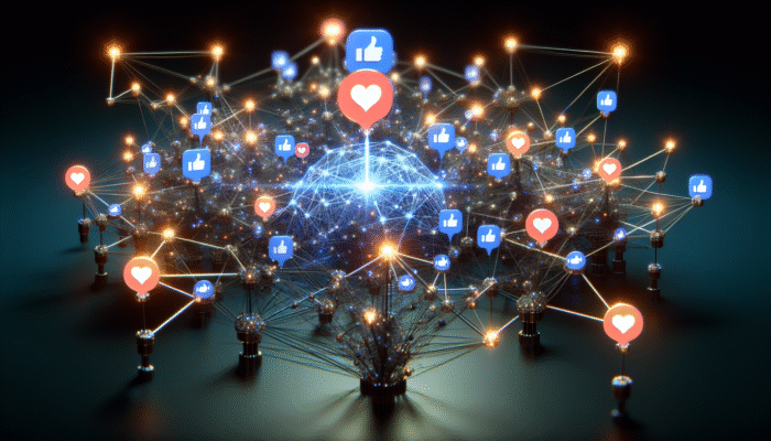 A digital landscape with interconnected nodes representing social media platforms influencing a central search engine algorithm.