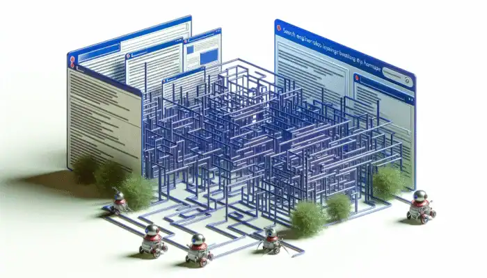 3D maze of web pages illustrating complex navigation and search engine bots crawling to homepage.