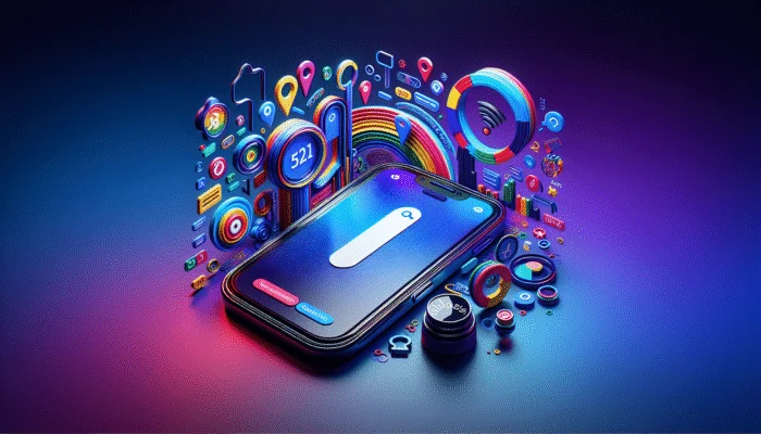 Smartphone showing zero-click search results with optimization tips icons on a modern background.