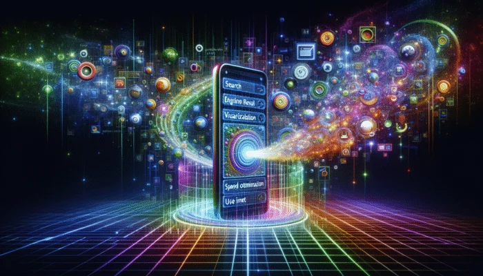 Smartphone showing search results with zero-click answers, surrounded by optimization tips icons on a futuristic background.