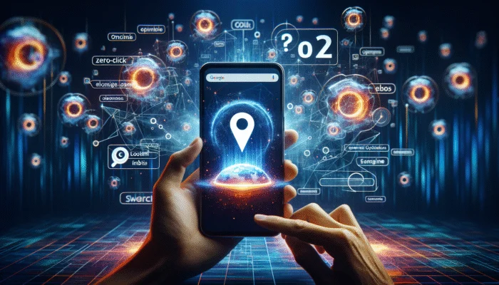 Smartphone showing zero-click search results with optimization tips icons on a vibrant digital background.
