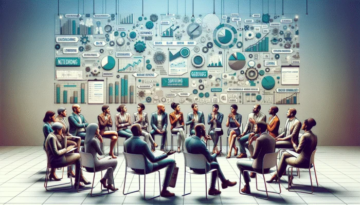 A vibrant networking event with diverse professionals forming genuine connections in a modern conference space.