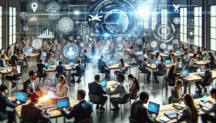 A diverse group of professionals at a focused workshop, using modern technology and networking for career advancement.
