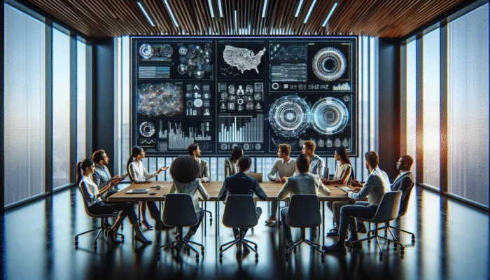A diverse group analyzing new software on a screen in a tech-focused meeting room, sharing insights.