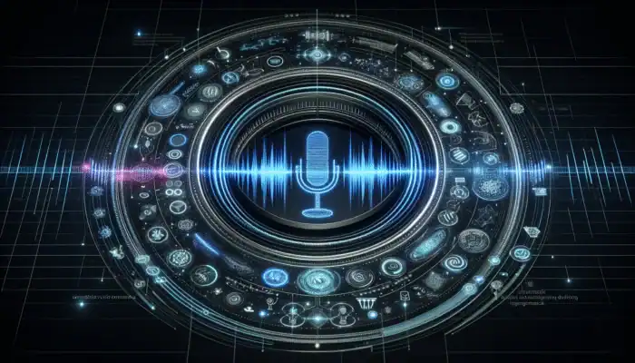 Create FAQ Pages for Voice Search: A futuristic voice search interface with glowing audio waves and technology symbols, enhancing user satisfaction.