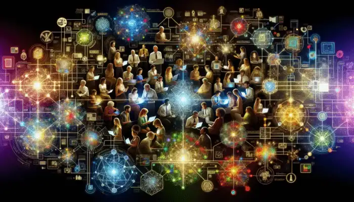 Leverage User-Generated Content for SEO: Diverse group sharing authentic content on screens, boosting SEO through genuine user experiences and trust.