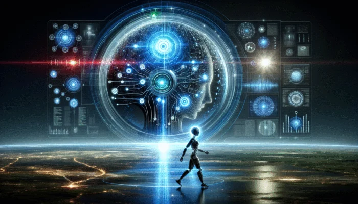 A vigilant AI with glowing neural networks and shields, filtering harmful content for a safe digital environment.
