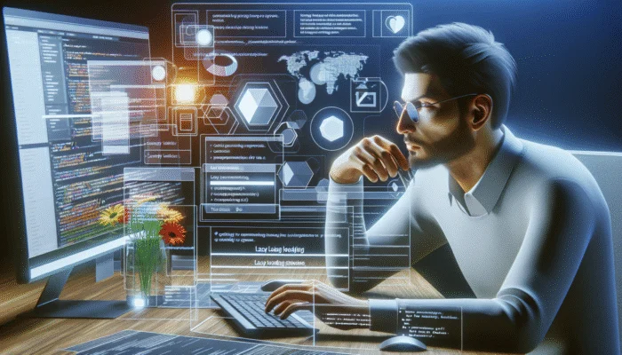 A web developer choosing tools for lazy loading to enhance website performance in a modern workspace.