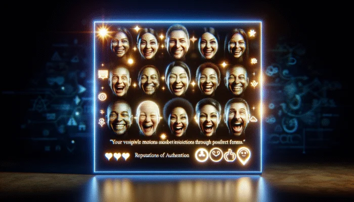 Use Customer Testimonials for Local Trust: Glowing digital display with customer testimonials and satisfied clients' faces, enhancing brand's reputation.