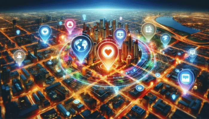Optimize for Local Map Pack Rankings: A vibrant digital map highlighting business locations with high visibility and targeted traffic in a bustling cityscape.