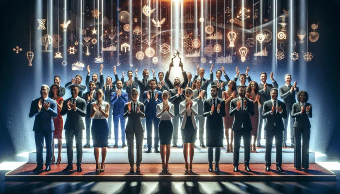 Leverage Industry Awards for Credibility: Diverse professionals receiving industry awards on stage, celebrated by peers with vibrant lights and achievement backdrop.