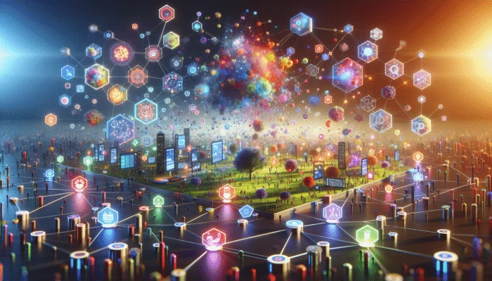 A vibrant digital landscape with nodes representing research, guides, and visuals, attracting backlinks in an eco-conscious setting.