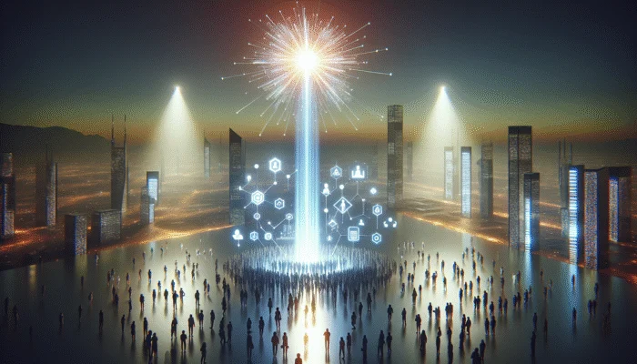 A glowing pillar of content attracting diverse consumers, symbolizing business growth and authority.