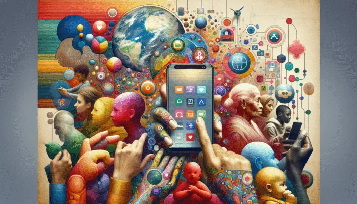 A vibrant mobile interface with large text and intuitive navigation, used by diverse global users.