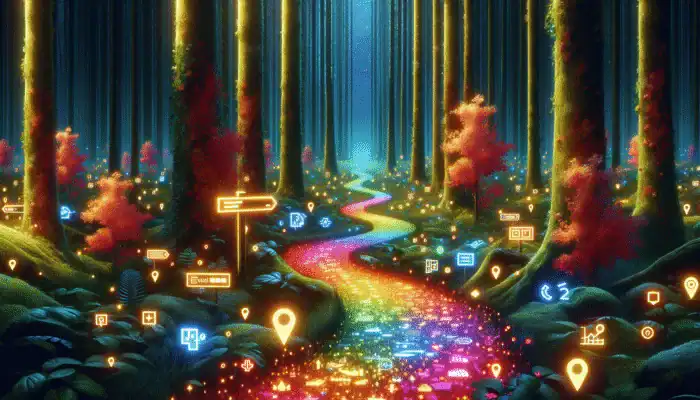A glowing digital trail through a vibrant forest, symbolizing website navigation with illuminated signs.