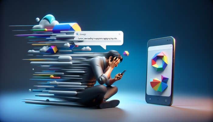 A user on a smartphone frustrated with slow, low-quality images, considering leaving the site.