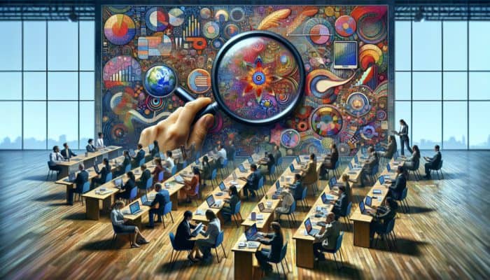 A person using a magnifying glass to analyze charts and graphs, surrounded by trade publications and a laptop at a conference.
