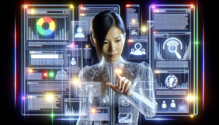 Use AI to Analyze SERP Feature Opportunities: Futuristic SEO analyst analyzing holographic SERP features, including snippets, panels, and ads, with data visualizations.