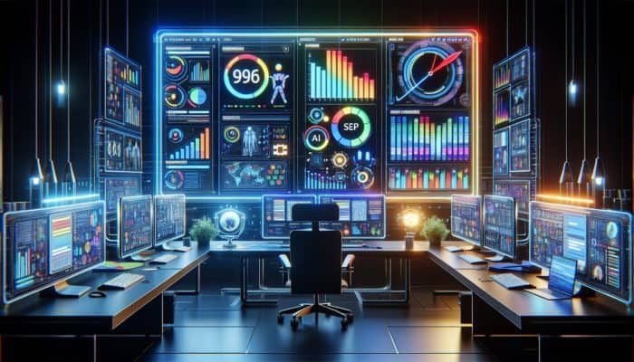 A futuristic dashboard showing AI-enhanced SERP analysis with graphs and charts in a modern office.
