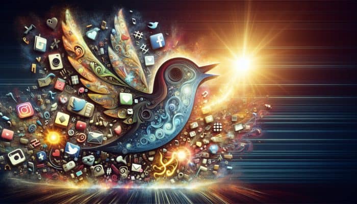 A colorful collage of social media icons and glowing '#' symbols representing hashtag trends.