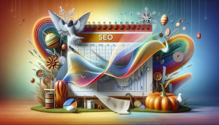 A vibrant calendar with seasonal icons and SEO graphs, illustrating seasonal SEO trend alignment.