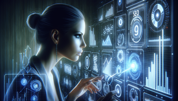 A digital marketing expert analyzing SEO data on a futuristic screen with holographic graphs and keywords, optimizing AEO strategies.