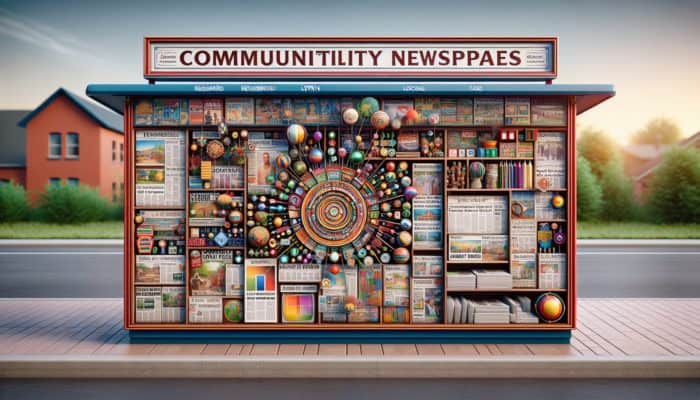 A vibrant community newspaper stand on a bustling local street, displaying hyperlocal content about neighborhood events and local issues.