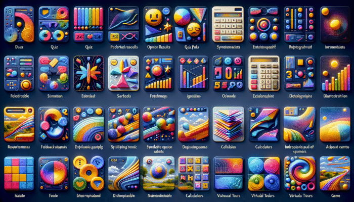 Create Interactive Content for Engagement: A vibrant digital interface showcasing interactive elements like quizzes, polls, infographics, surveys, games, calculators, and virtual tours.