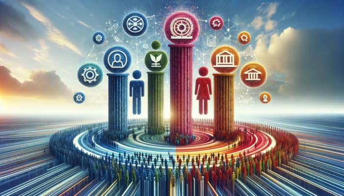 A digital landscape with four pillars labeled Experience, Expertise, Authoritativeness, and Trustworthiness supporting an engaging web page.