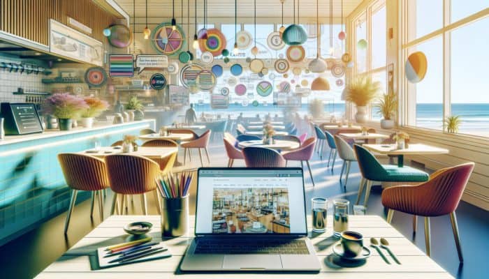 A modern café in Exmouth with a laptop displaying a website optimized for SEO with header tags.