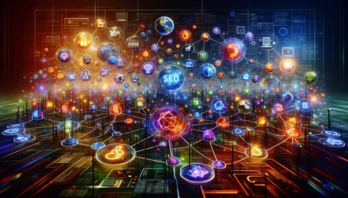 Internet Marketing in Melksham for Small Business: A digital landscape with icons of SEO, PPC, social media, email, content, affiliate, and analytics, interconnected by glowing lines.