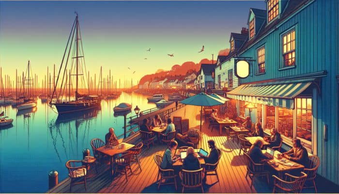 A serene Weymouth harbor at sunset, with experts blogging in a cozy cafe.