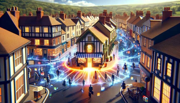 Web Development in Barnstaple for Small Business: A vibrant digital landscape with a small business in Barnstaple thriving online, attracting local customers.