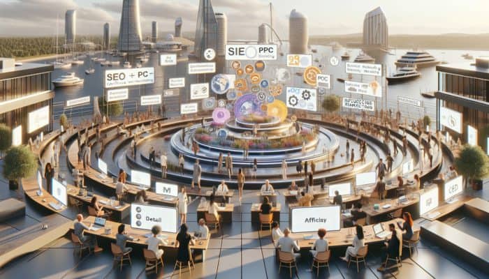 Internet Marketing in Plymouth for Small Businesses: A digital marketing hub in Plymouth with screens showing various marketing icons and local businesses engaging customers online.