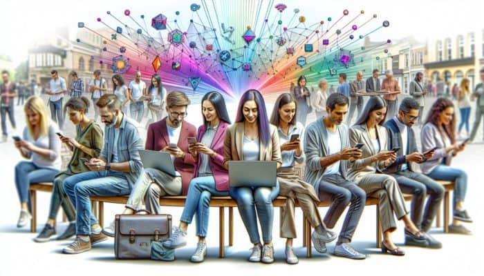 Social Media Strategy in Keynsham for Small Business: Local business owners in Keynsham using social media on smartphones and laptops to engage with the community.