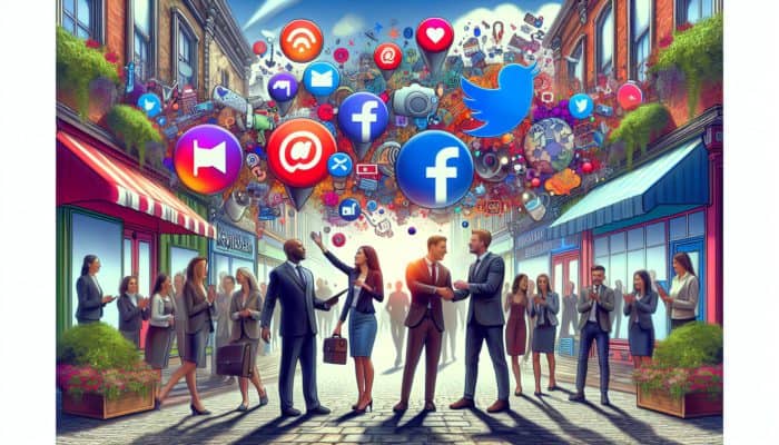Keynsham high street bustling with small business owners receiving social media strategy guidance, surrounded by vibrant icons.