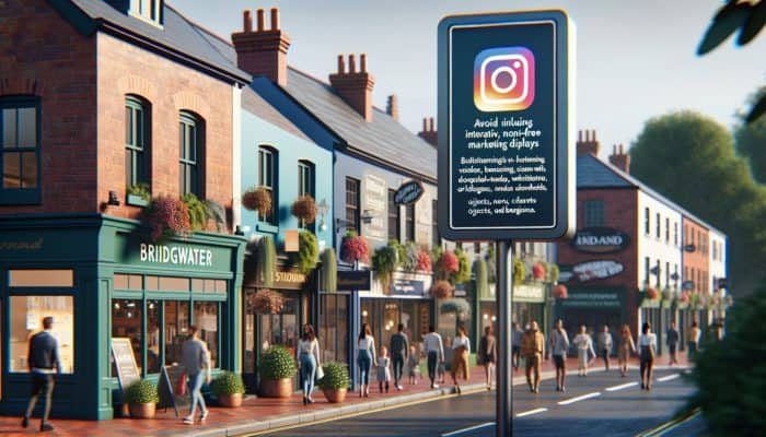 A vibrant Bridgwater street scene with small businesses using Instagram for marketing to attract diverse crowds.
