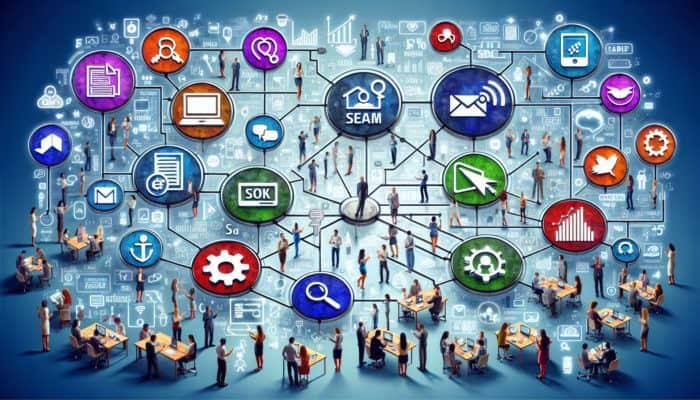 Digital Marketing in Budleigh Salterton for Small Business: A vibrant digital landscape with icons of various marketing strategies engaging audiences on devices.