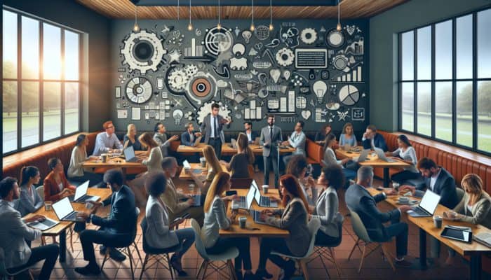 Digital marketing strategy session in Budleigh Salterton café with small business owners and consultant.