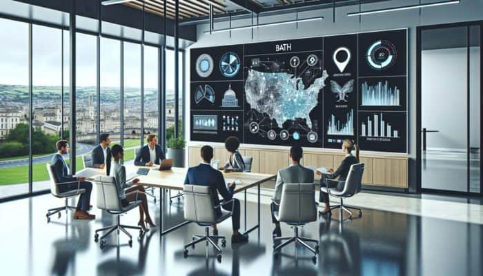 Modern office in Bath with digital city map, SEO analytics, and team strategizing local business optimization.