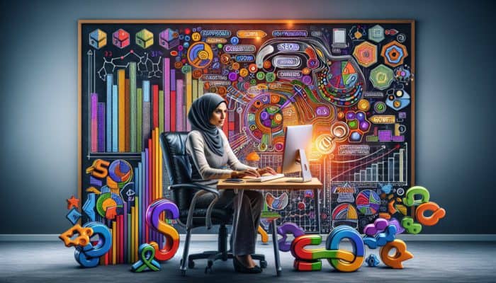 A small business owner analyzing SEO data on a computer, surrounded by growth charts and a strategic framework diagram in a cozy office.