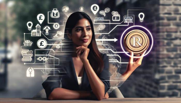 A small business owner smiling at a graph showing 500% ROI from SEO, with local business icons and currency transformation.