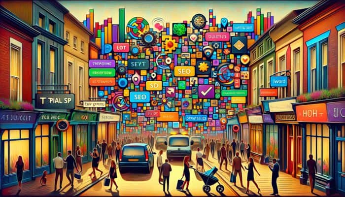 UK high street with small businesses using SEO strategies, customers on smartphones.